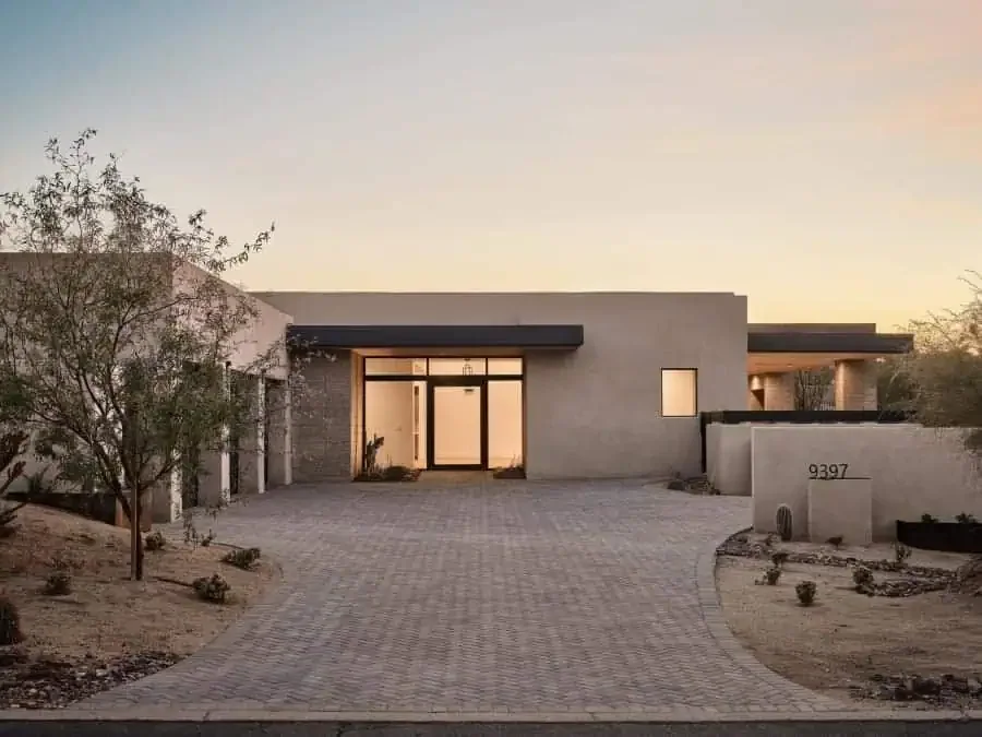 Sundance Trail residence front exterior at twilight